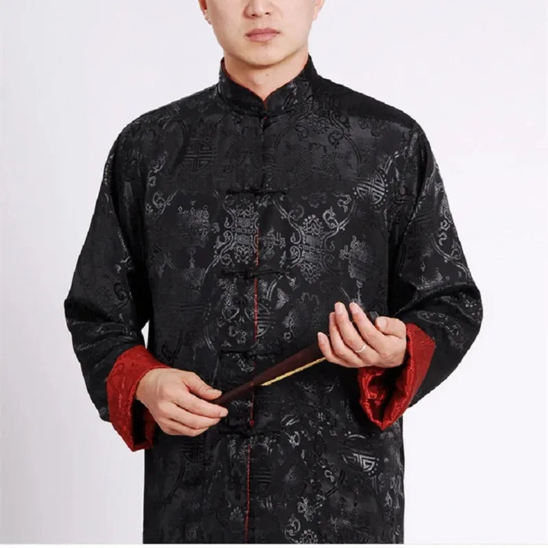 Men Chinese Satin Silk Tang Suit Double Faced Long Sleeve Jackets Size S-3XL