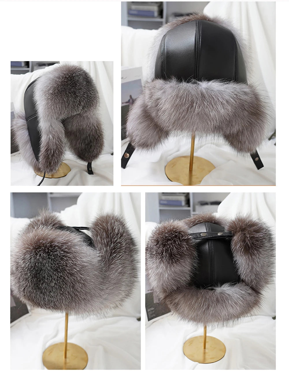 Men's 100% Real Fox Fur Bomber Ushanka Russian Ski Hats Caps Real Leather