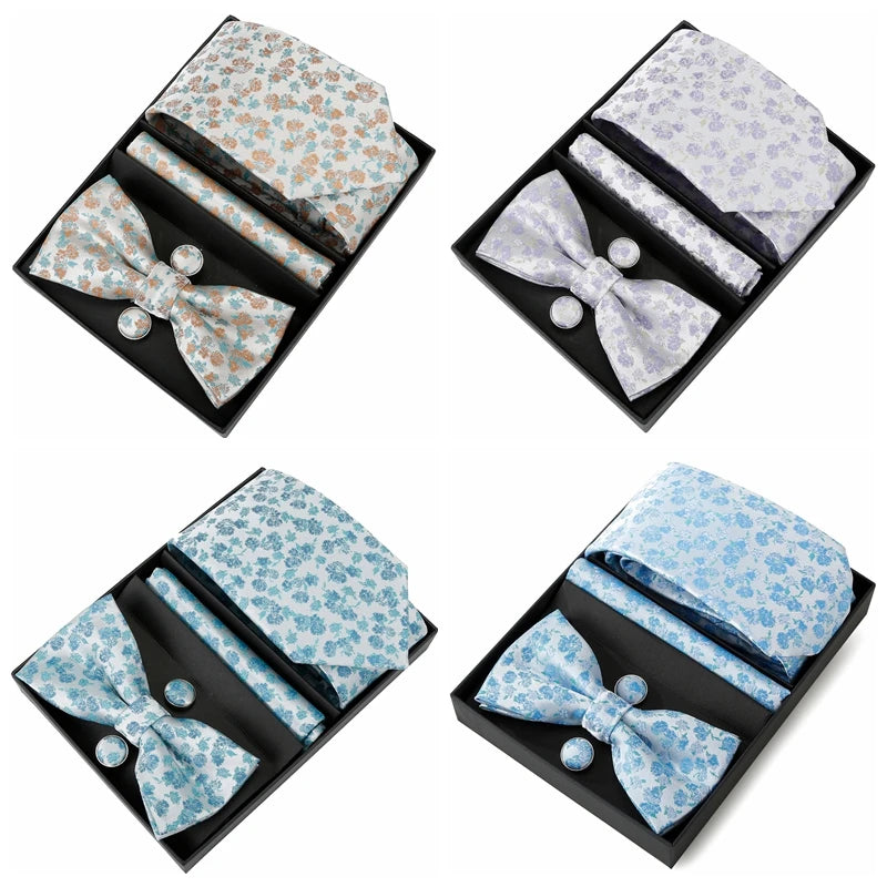 Silk Tie For Men Bowtie Pocket Square Cufflinks Set