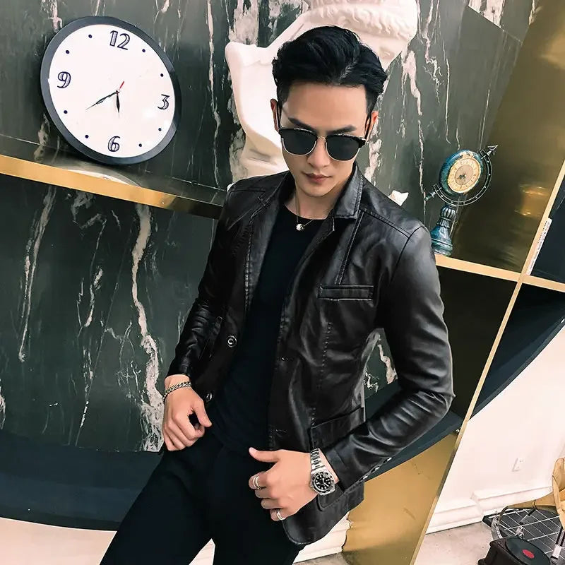 Korean Style Leather Blazer Single Breasted Men's Suit Designer Jackets