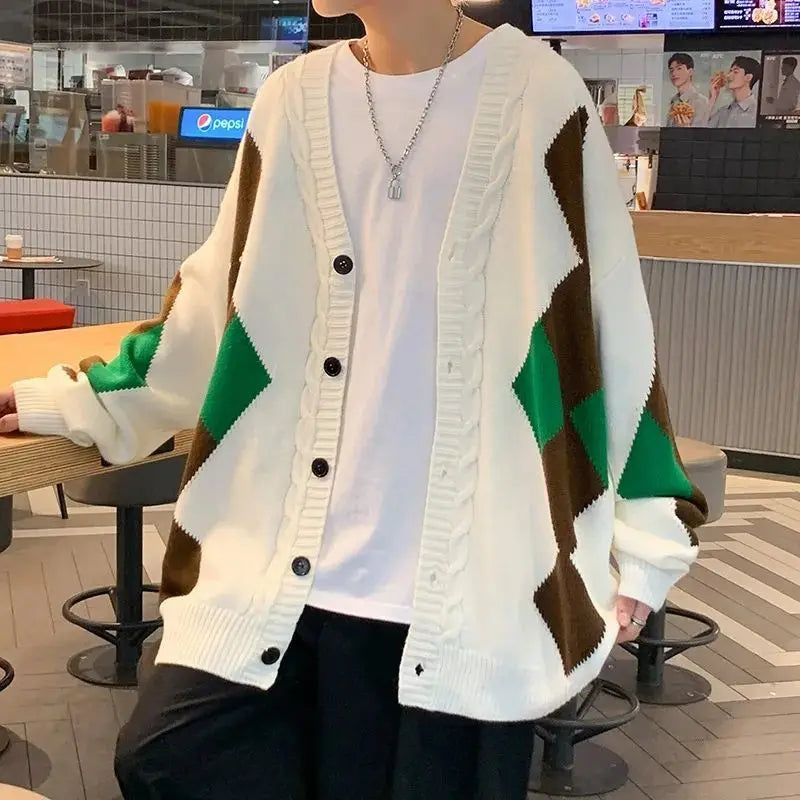 Knit Cardigan Men's Argyle Aesthetic Baggy Japanese Retro coat