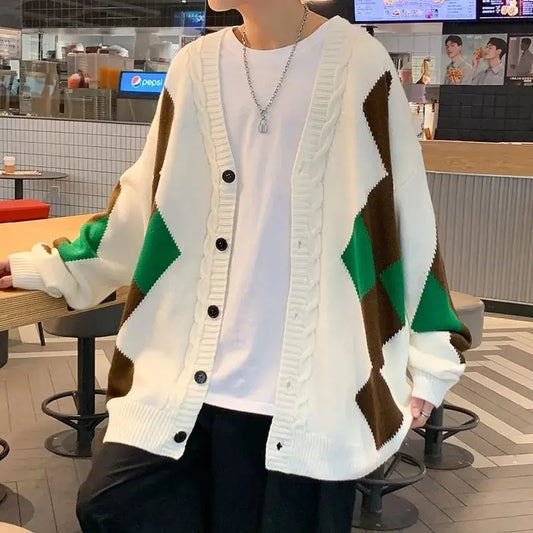 Knit Cardigan Men's Argyle Aesthetic Baggy Japanese Retro coat