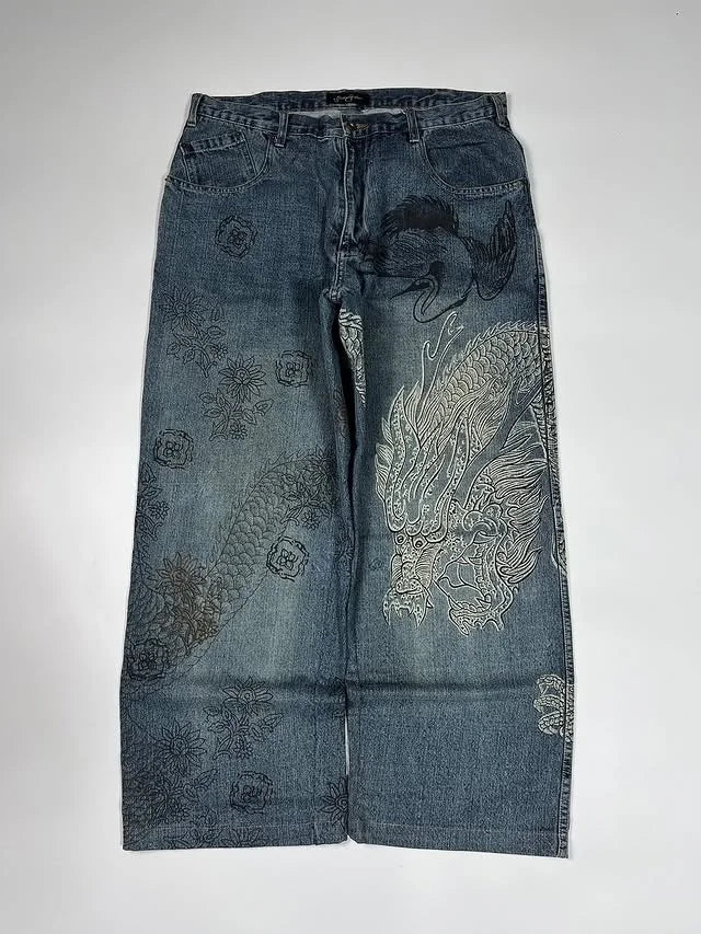 Dragon Print Men's Baggy Fit Jeans High Street  Casual Trendy Streetwear