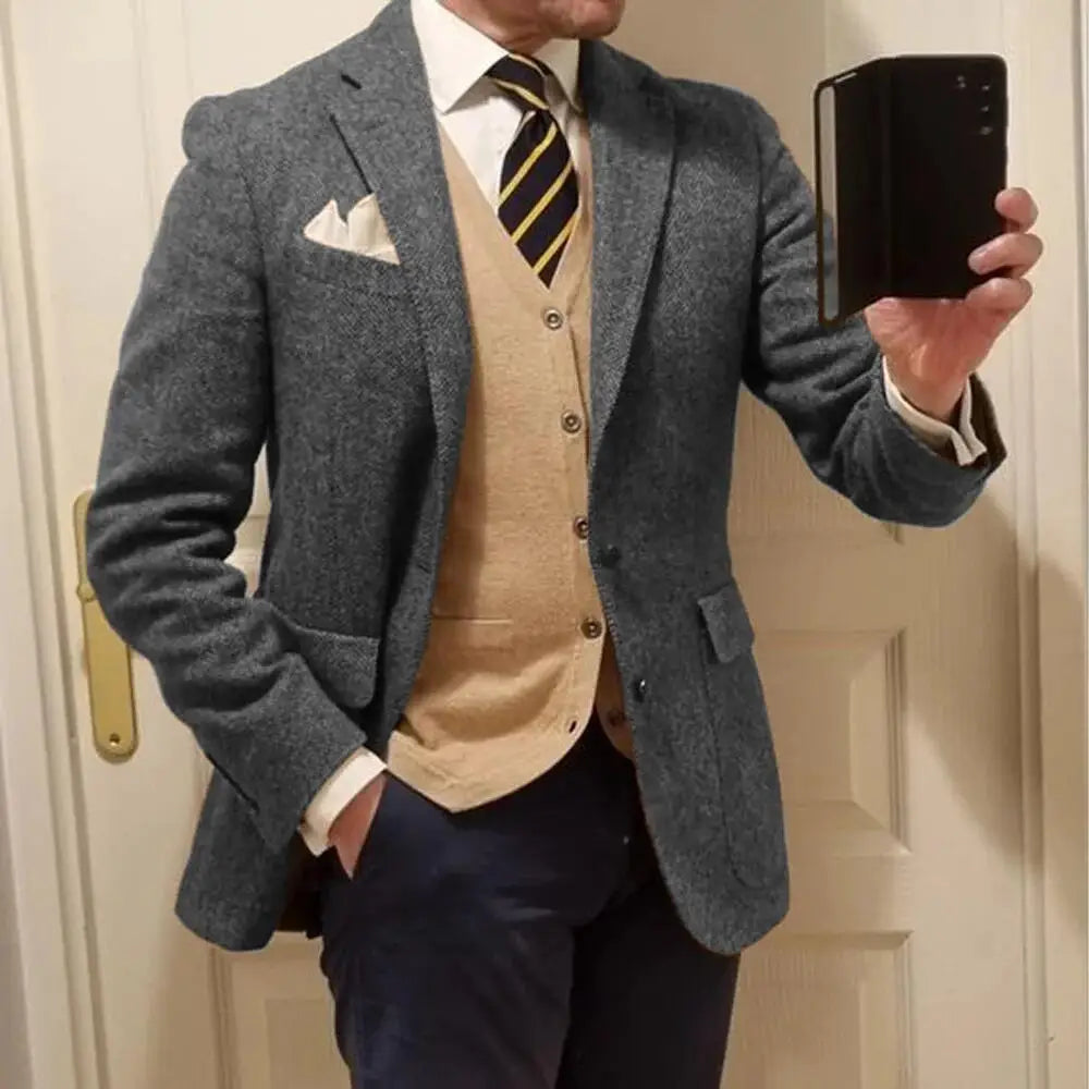 Men's Herringbone Blazer Single Breasted Elegant Suit Jackets