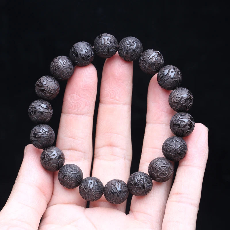 Multicolor Wooden Bracelet Men's 20mm Elastic Bead Lucky Mythical Animal Sculpture