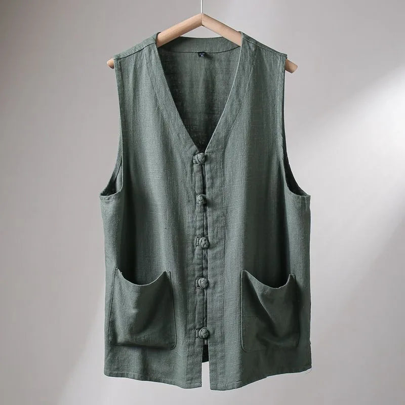 Men's Cotton Linen Breathable Chinese Retro Button Loose Vest Men Waistcoat