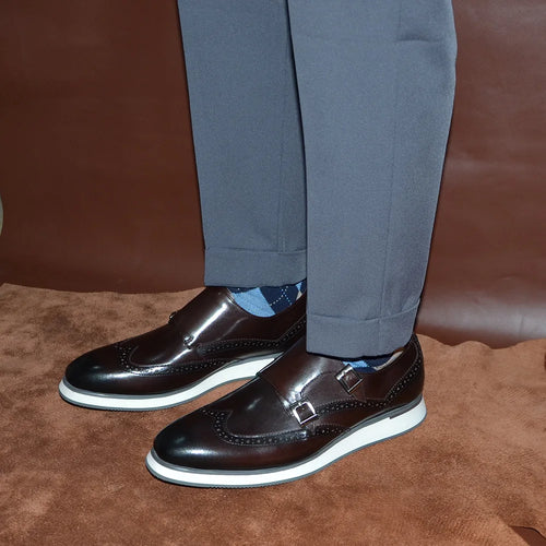 European Men's Genuine Leather Double Monk Strap Wingtip Oxfords Brogue Dress Shoes