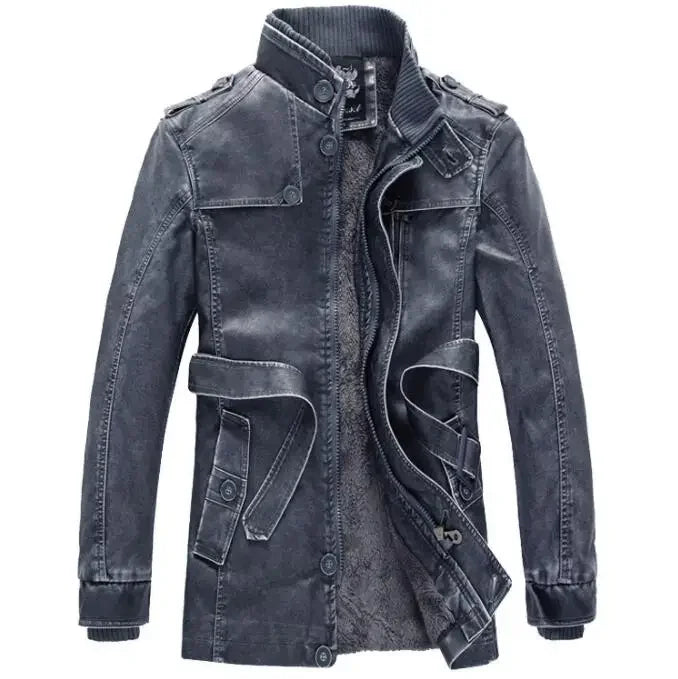 Men's Thick Fleece Leather Jacket Long Vintage Steampunk Biker clothing