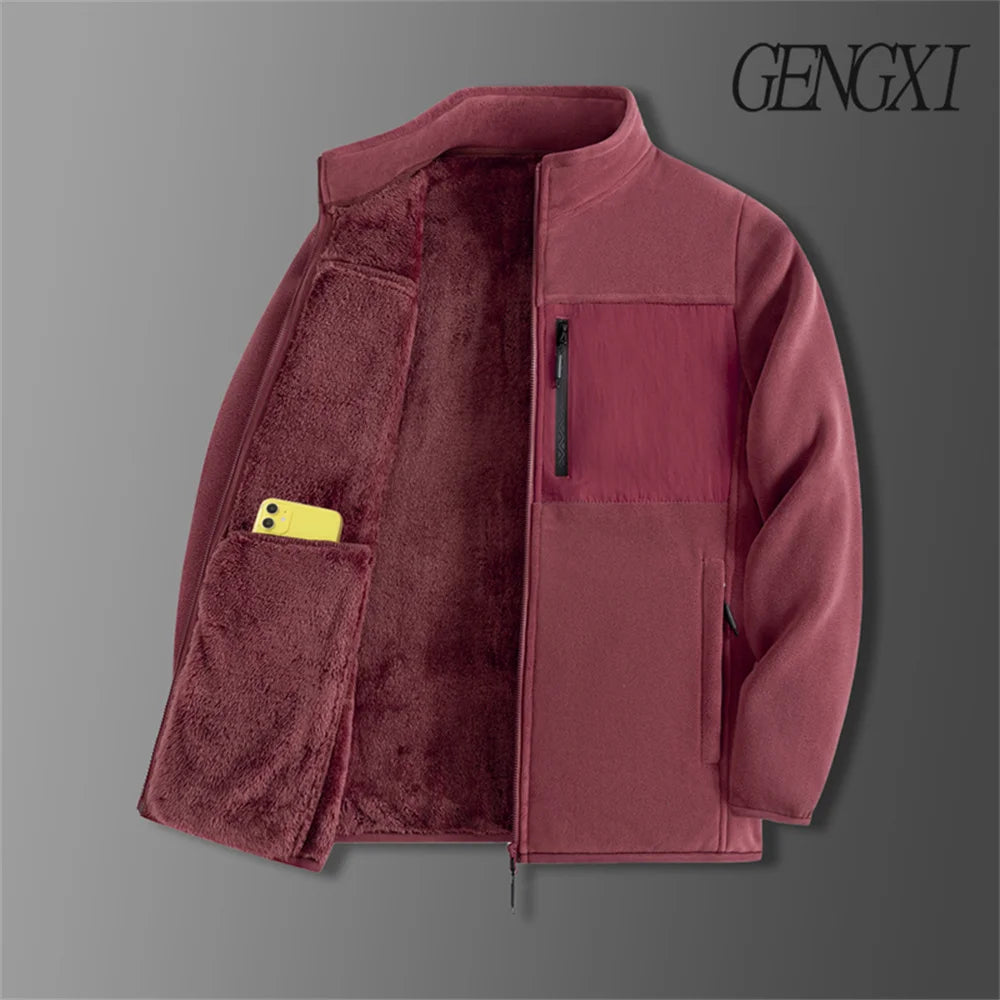 Thickened Thermal Basic Fleece Stand Collar Patchwork Design  Jacket