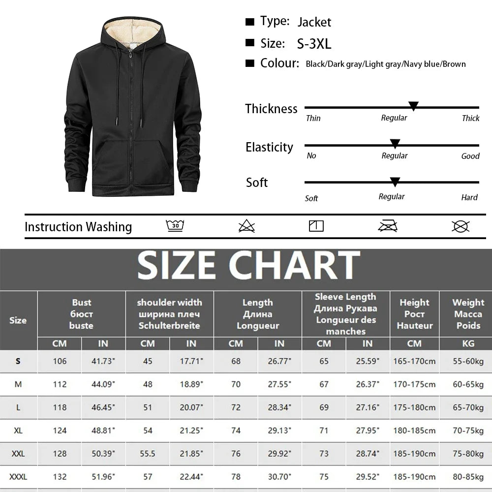Men's Thickened Fleece Lining Warm Jackets Cardigan  Zip Up Hooded Jackets