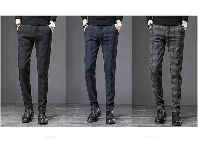 England Plaid Work Stretch Pants Men Slim Casual Pant Brand Trousers