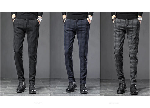 England Plaid Work Stretch Pants Men Slim Casual Pant Brand Trousers