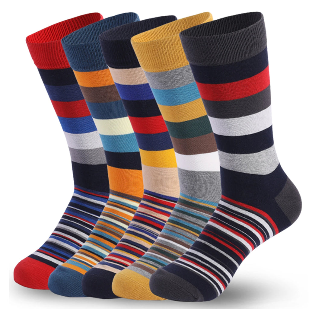 5Pairs Men's Dress Colorful Striped Combed Cotton Novelty Breathable Casual Socks