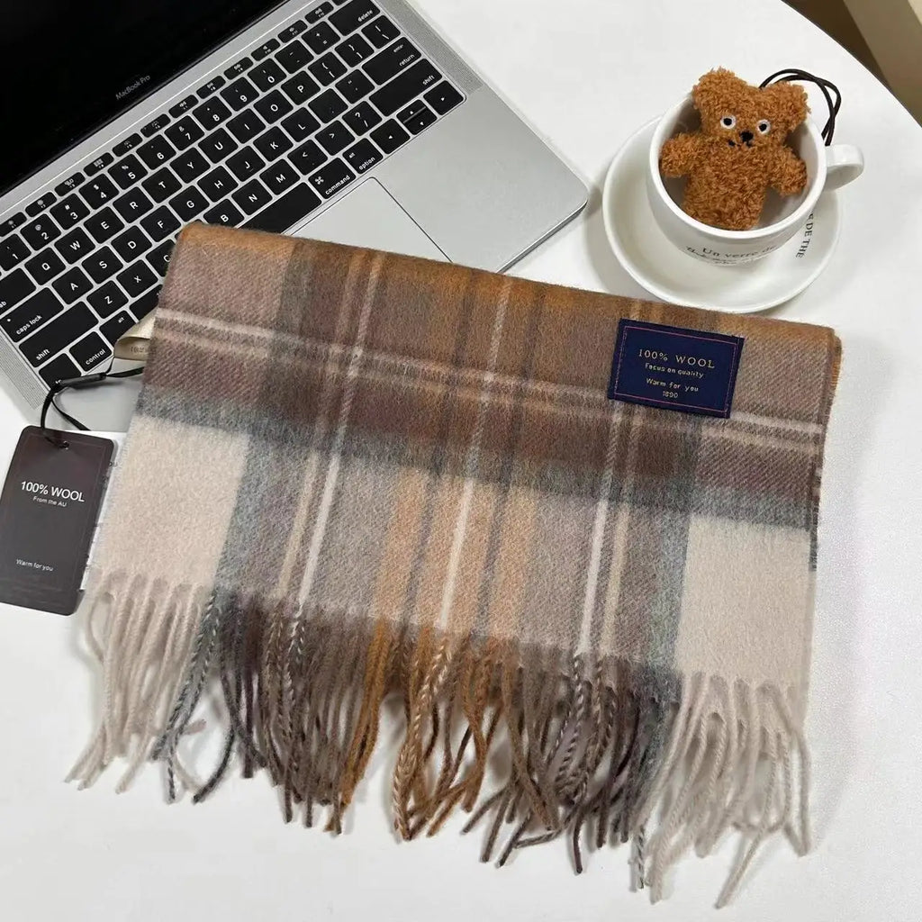 Men 100% Wool Plaid Muffler Cashmere Windproof Stripe Tassel Shaw Thick Scarf