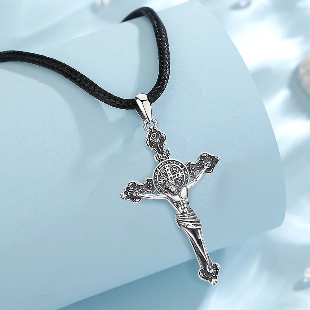 925 Sterling Silver Jesus St. Benedict's Cross Vintage Amulet Pendant Jewelry for Men