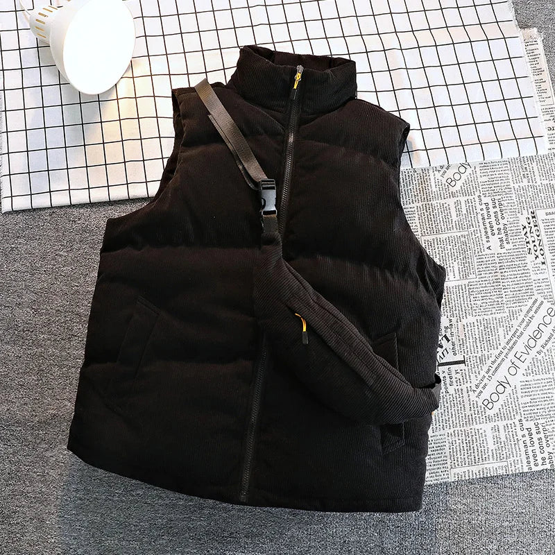 Men's Winter Big Size Vests Solid Cotton Waistcoat Puffer with Bag