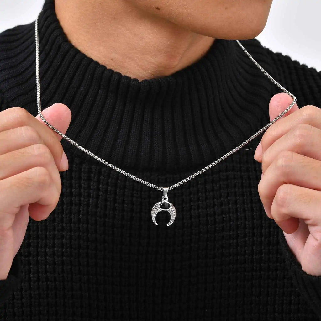 Vintage Moon Necklace for Men Natural Stone Stainless Steel Pendant Jewelry