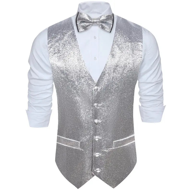 Designer Vest for Men Silk Shine Solid Plain Waistcoat Bowtie Set