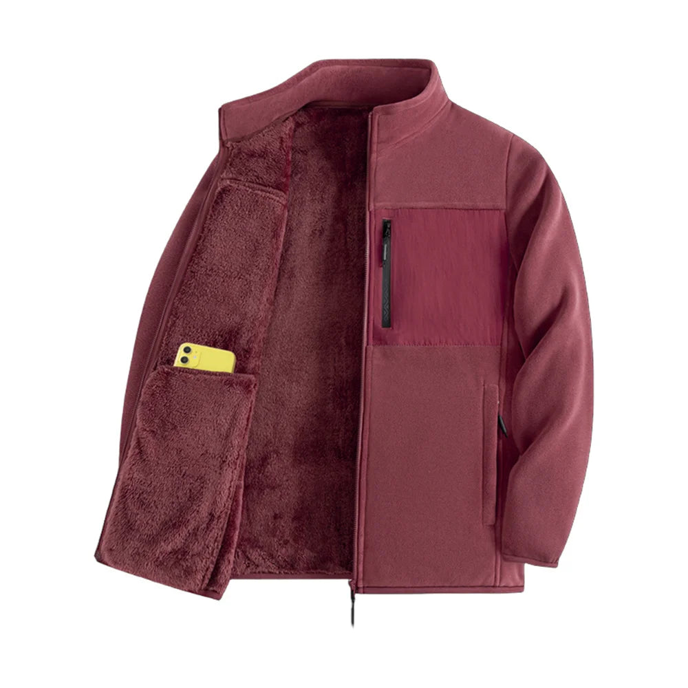 Thickened Thermal Basic Fleece Stand Collar Patchwork Design  Jacket