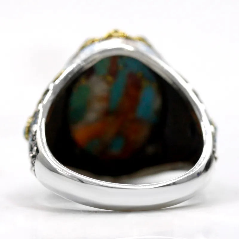 True Silver Türkiye Men's Ring with Big Oyster Turquoise 925 Silver Vintage Resin Ring