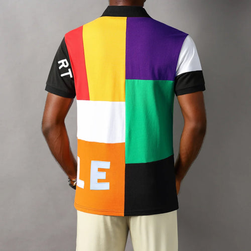 Men's 100% cotton casual loose plus US size lattice pattern printed lapel short sleeved polo shirt