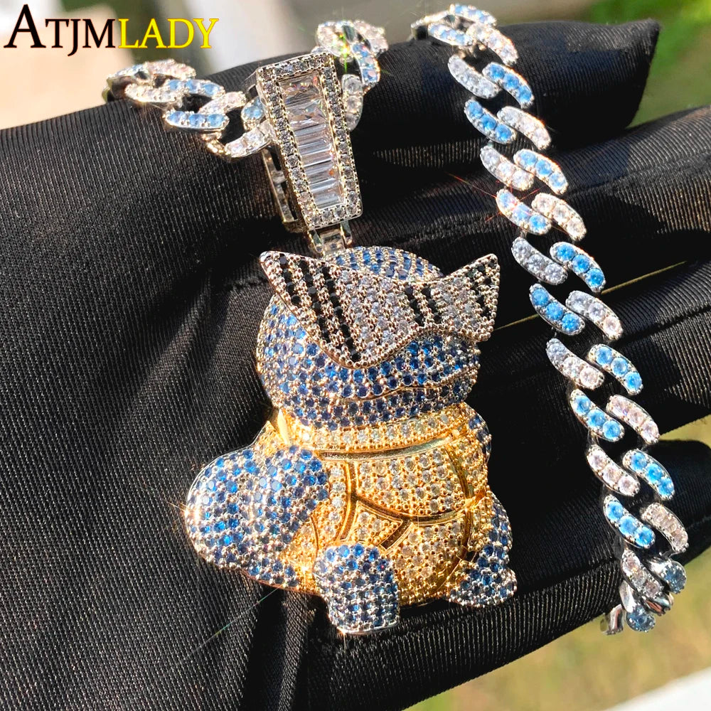 Iced Out Bling Squirtle Pendant Necklace Micro Pave Color Hip Hop Men's Jewelry