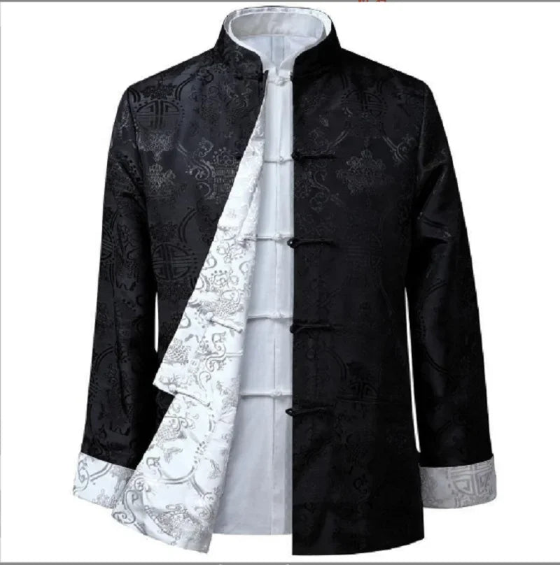 Men Chinese Satin Silk Tang Suit Double Faced Long Sleeve Jackets Size S-3XL