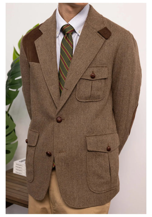 Retro Men's Suit Jacket Brown Blazers Single breasted Multiple Pockets Casual Top