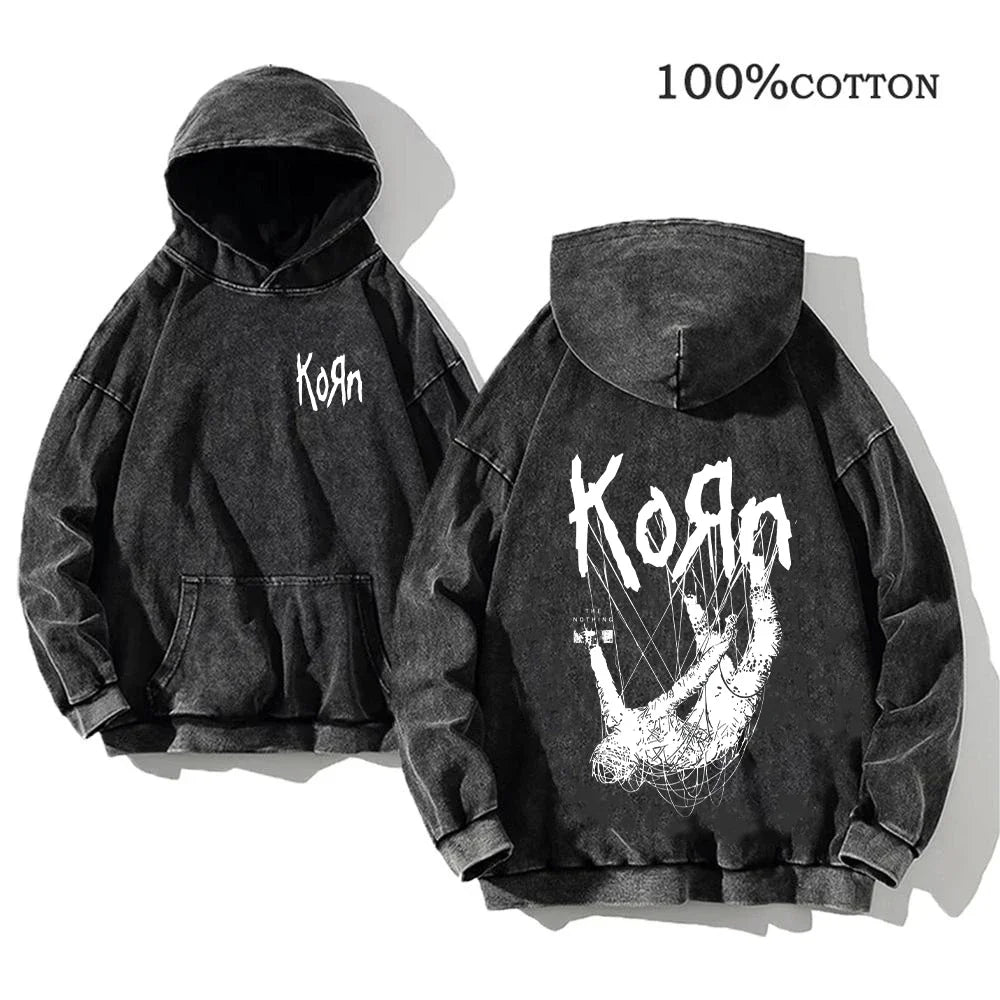 Korn World Tour Hoodies Vintage Washed Men's Sweatshirts Cotton Streetwear Hooded Pullover
