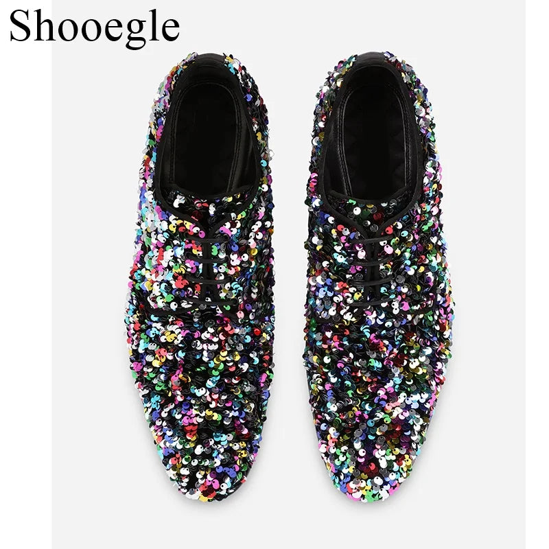 Luxury Mixed Color Bling Loafer Glitter Handmade Dress Shoes Men's Flats