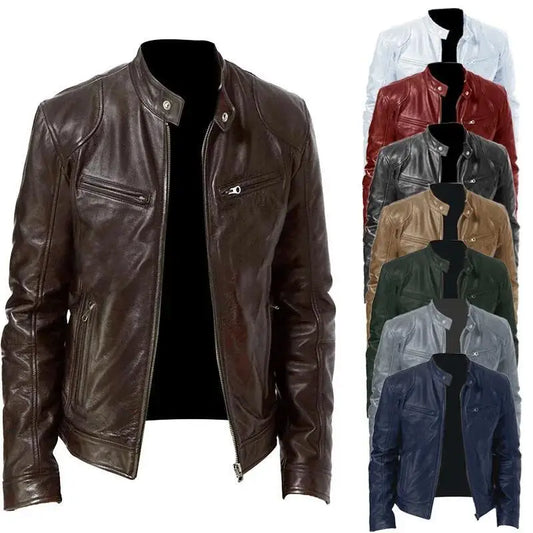 Men's Motorcycle Leather Slim Fit Lapel PU Jackets Zipper Windproof Coat