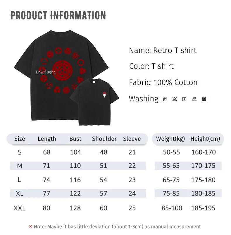 Sharingan Graphics T Shirt Washed Tops Oversized Short Sleeve 100% Cotton