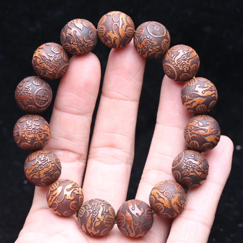 Multicolor Wooden Bracelet Men's 20mm Elastic Bead Lucky Mythical Animal Sculpture