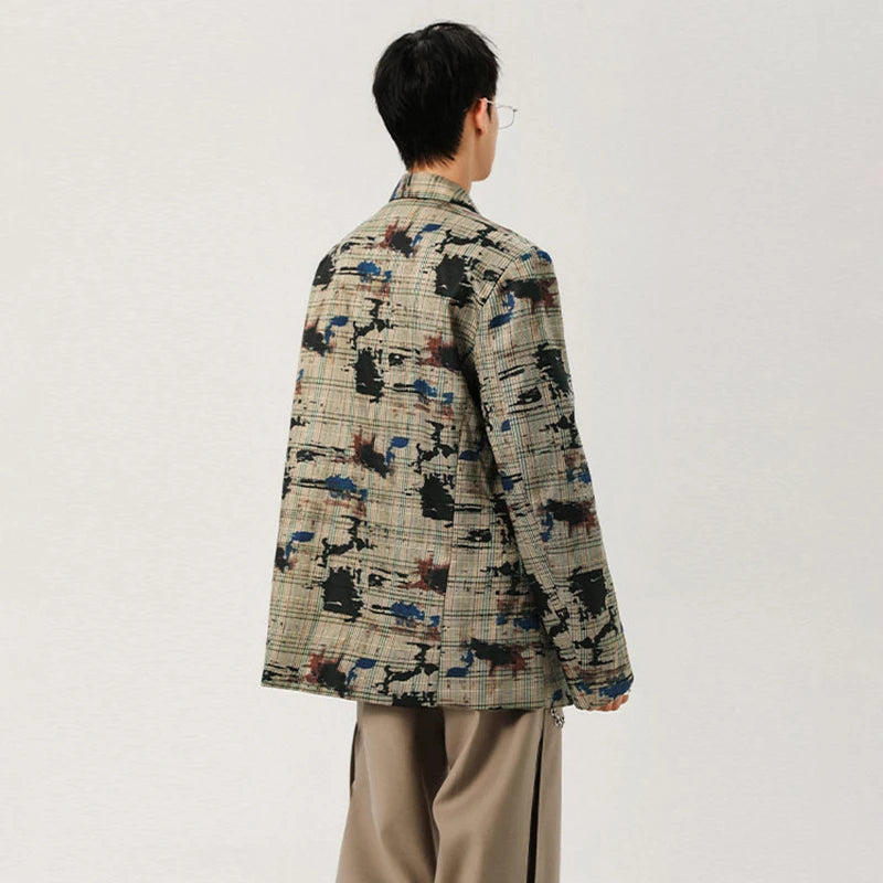 Checked Graffiti Printed Blazer Coat Men's Autumn Loose High Quality Handsome Jacket