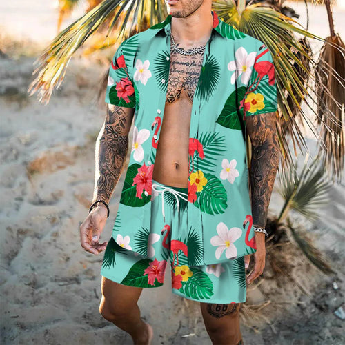 Hawaii Beach Men's Shirt Set Flamingo 3D Printed Loose Short Sleeve Shorts 2Pcs