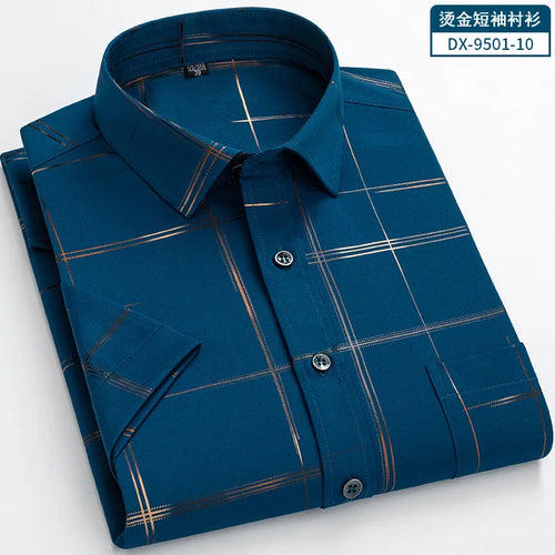 Half Sleeve Men Plaid Bronzing Stretch Anti-wrinkle Shirts