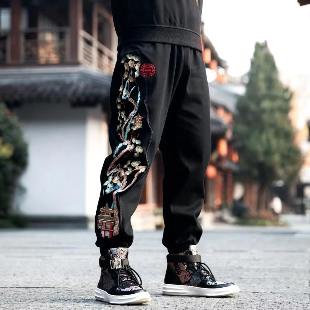Chinese style men's pants national tide embroidery retro loose pants