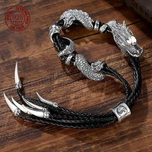 S925 Sterling Silver Vintage Dragon Entangle Leather Rope Exquisite Jewelry Men's Bracelet