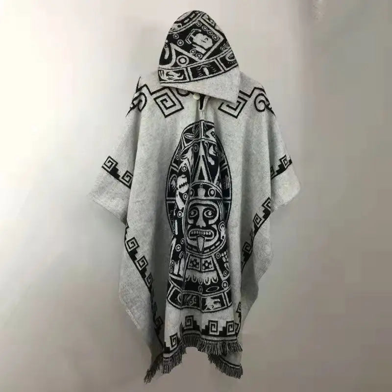 Men's Loose Hooded Printed Cloak Poncho Retro Pullover Jacket