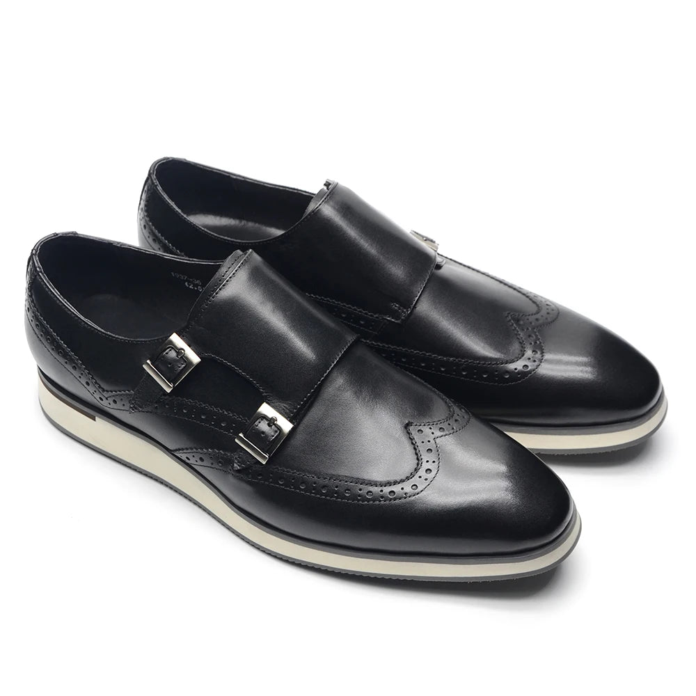 European Men's Genuine Leather Double Monk Strap Wingtip Oxfords Brogue Dress Shoes