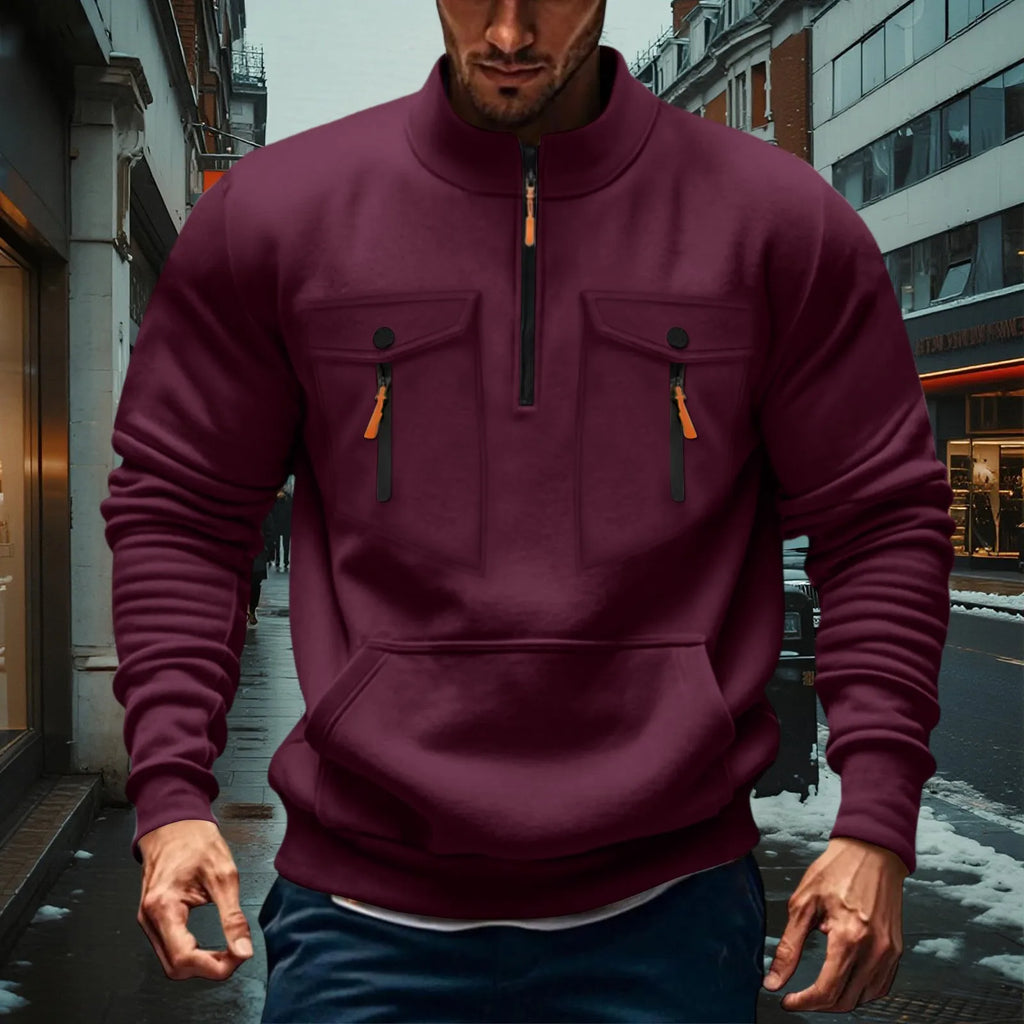 Quarter Zipper Men Stand Up Collar Sweatshirt cargo Long Sleeve Sweatshirt