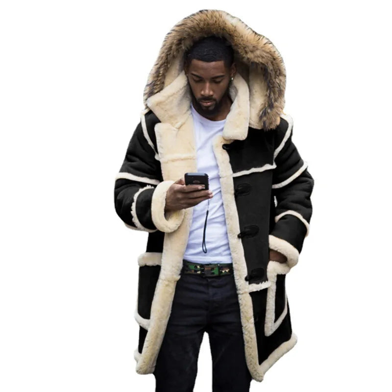 Men Loose Long Cotton-padded Jacket Integrated Lamb Wool Hooded Coats