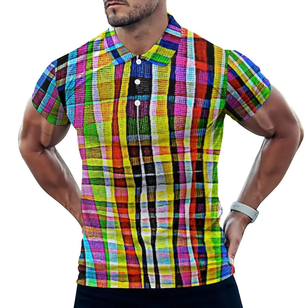 Multi Geometric Print Polo Mondrian Style Streetwear T-Shirts Collar Oversized Clothing