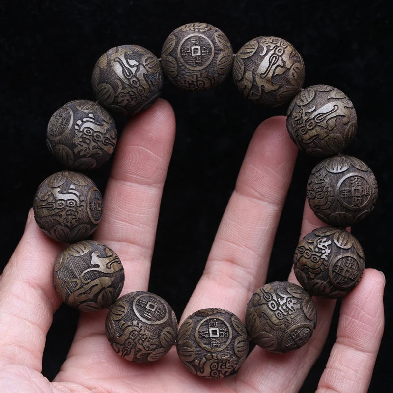 Multicolor Wooden Bracelet Men's 20mm Elastic Bead Lucky Mythical Animal Sculpture