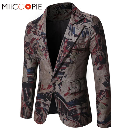 Vintage Printed Formal V-Neck Slim Fit Floral Blazers Casual Single Button Men's Suit Jackets