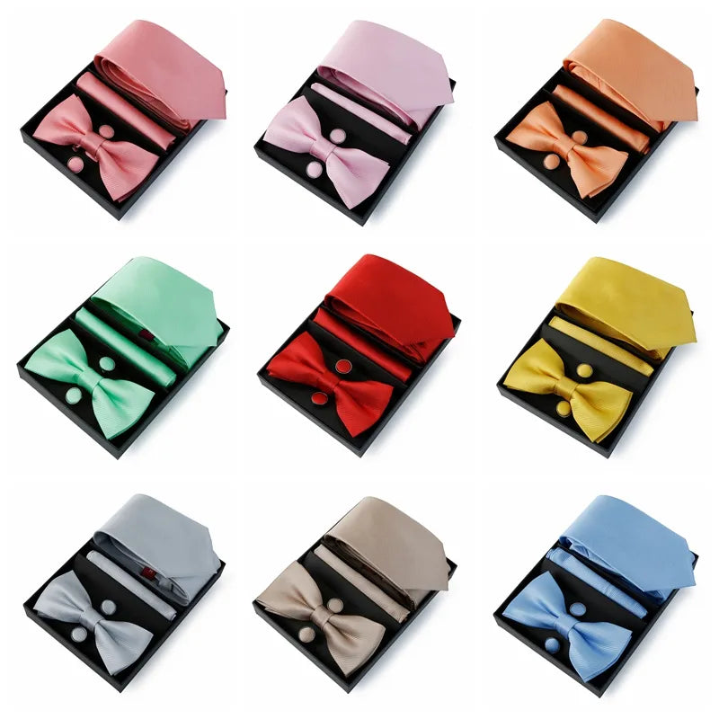 Tie Set For Men (Necktie 7.5cm Solid Color Necktie Bowtie Pocket Square Cufflinks)