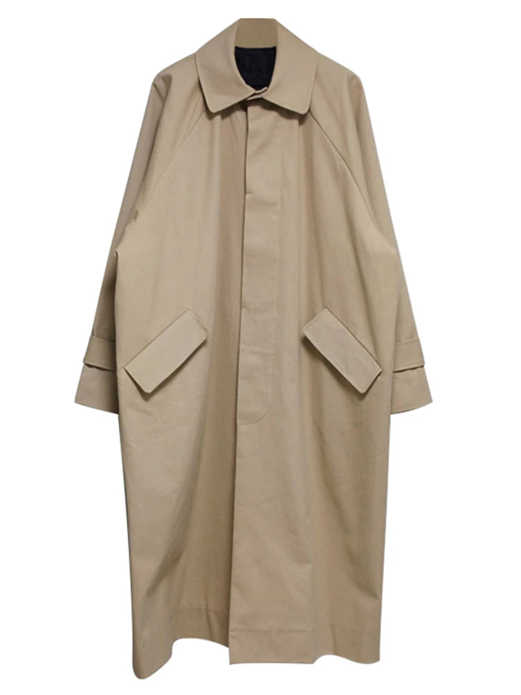 Long Oversized Trench Coat Men Raglan Sleeve Single Breasted Korean Fashion