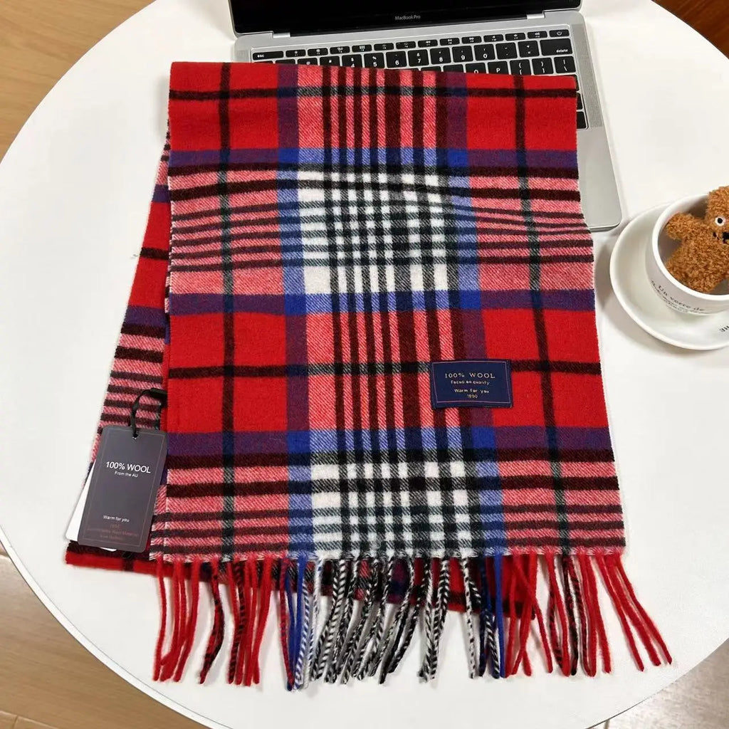 Men 100% Wool Plaid Muffler Cashmere Windproof Stripe Tassel Shaw Thick Scarf