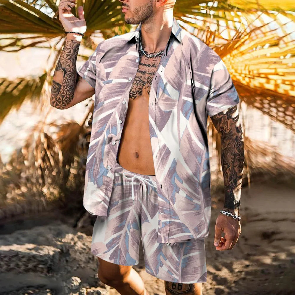 Hawaii Beach Men's Shirt Set Flamingo 3D Printed Loose Short Sleeve Shorts 2Pcs