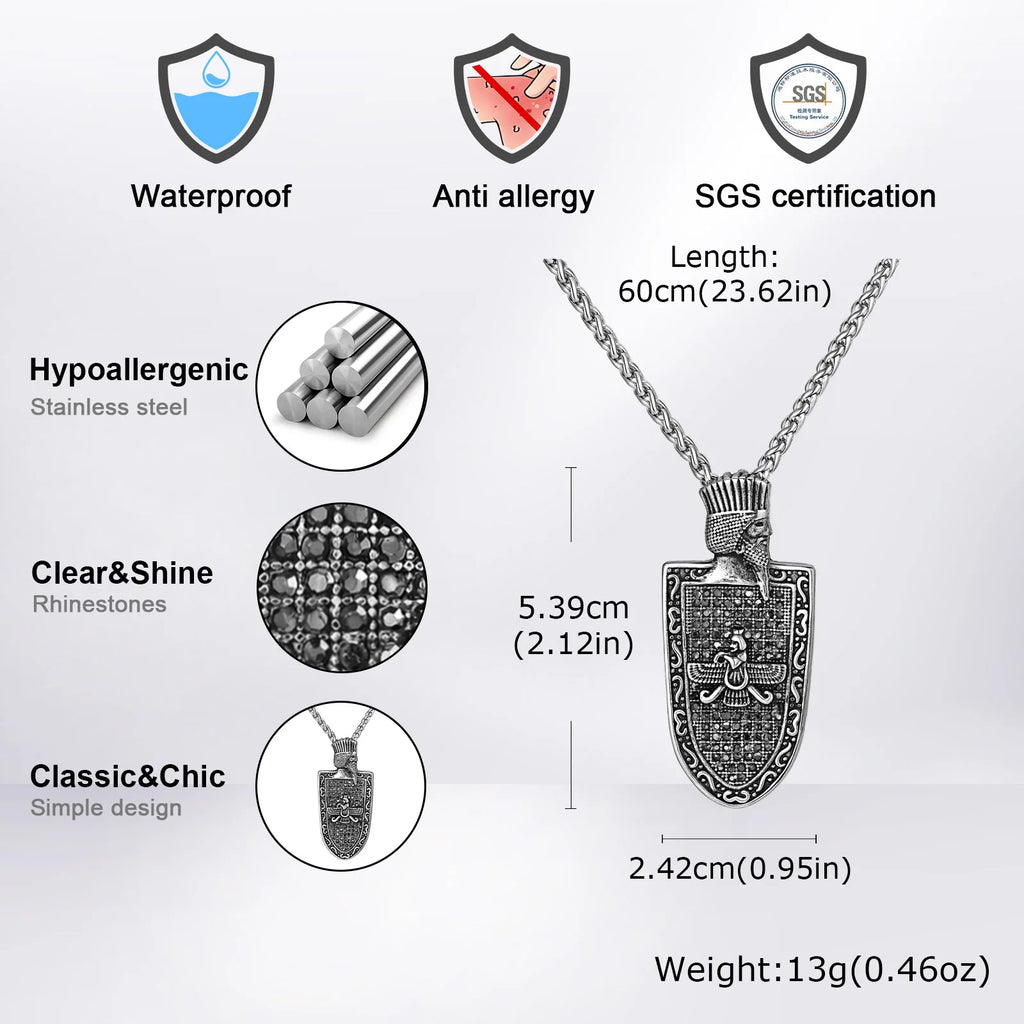 Stainless Steel Zoroastrian Pendant Black Shield Charm Durable Chain Jewelry for men